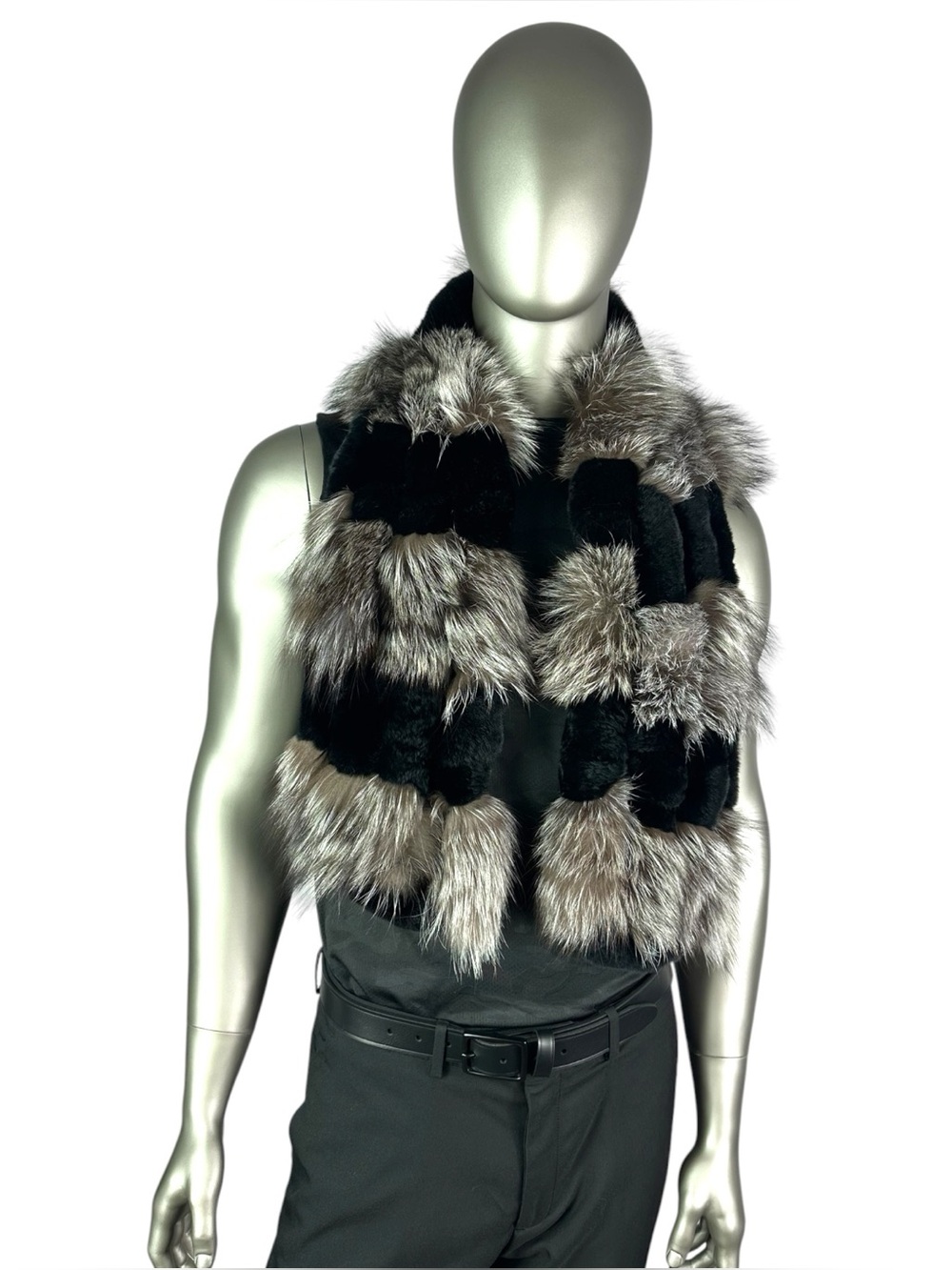 Men’s Silver FOX w/Black RABBIT Scarf, 50”L, Certified Vintage Fur